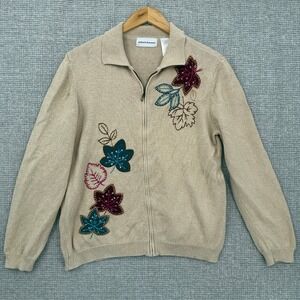 Alfred Dunner Knit Cardigan Fall Leaves Embroidered Full‎ Zip Sweater Sz L Soft